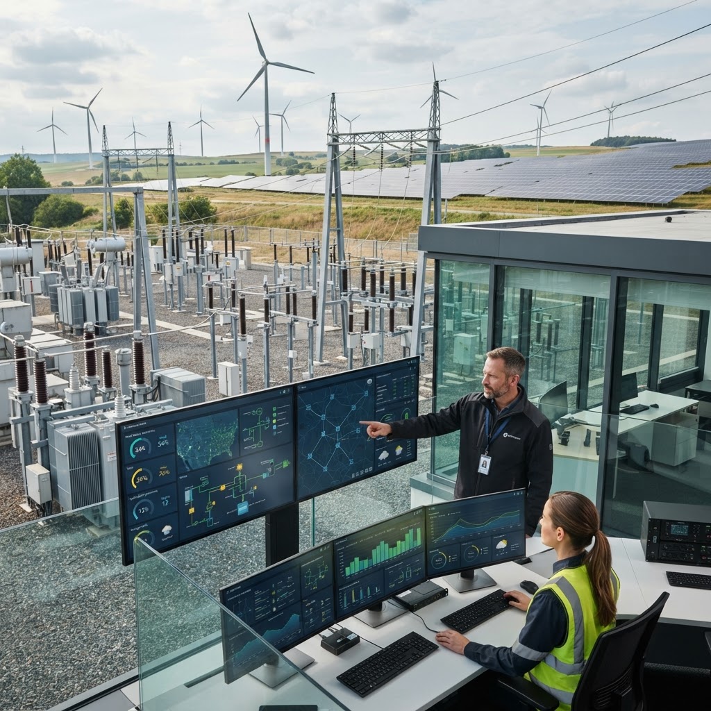 Modern power substation with digital monitoring screens for a smart electricity grid