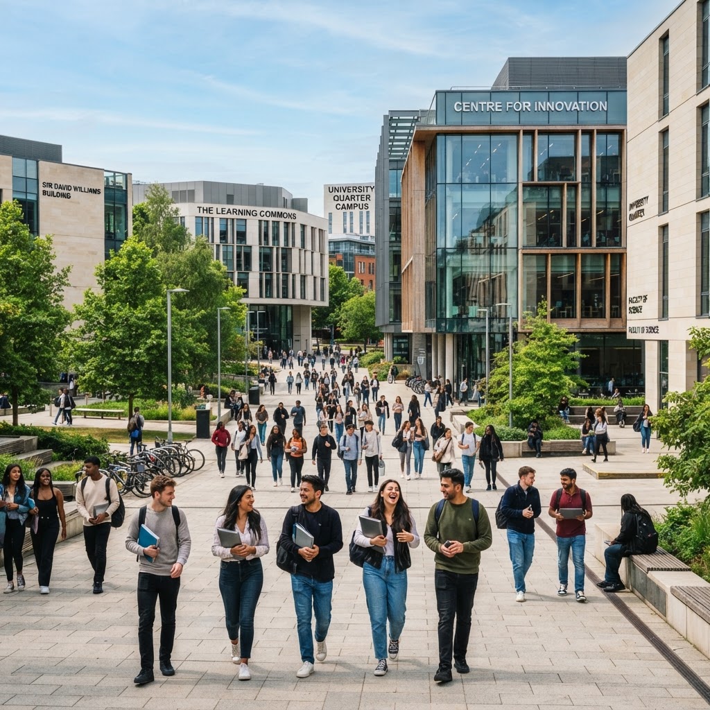 Modern university campus buildings with students walking between academic blocks