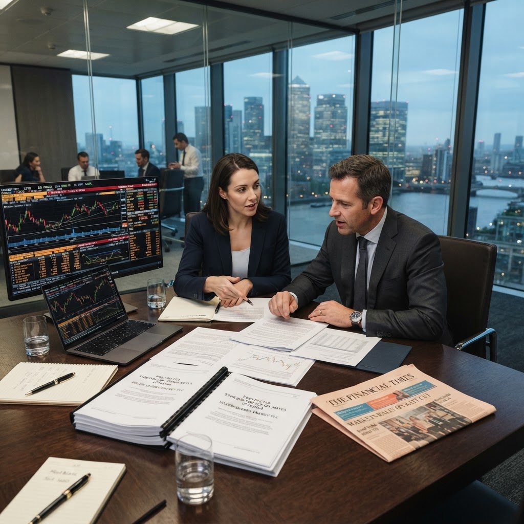 Corporate finance desk with bond offering documents, a financial newspaper and market charts