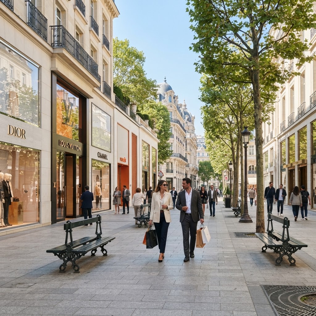 Luxury shopping boulevard with upscale designer boutique storefronts