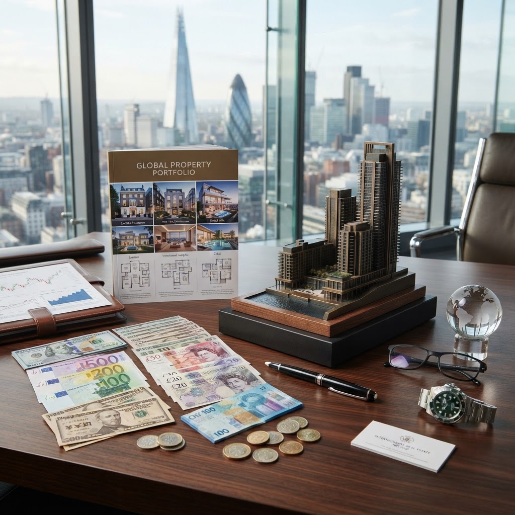 Multiple world currencies beside a luxury real estate concept representing global finance