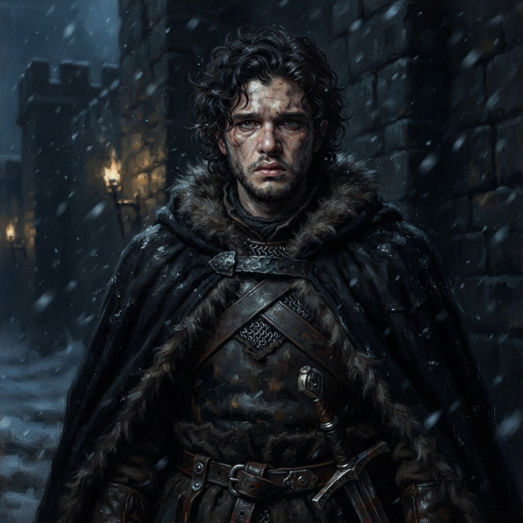 Jon Snow in a black fur-trimmed cloak beneath falling snow