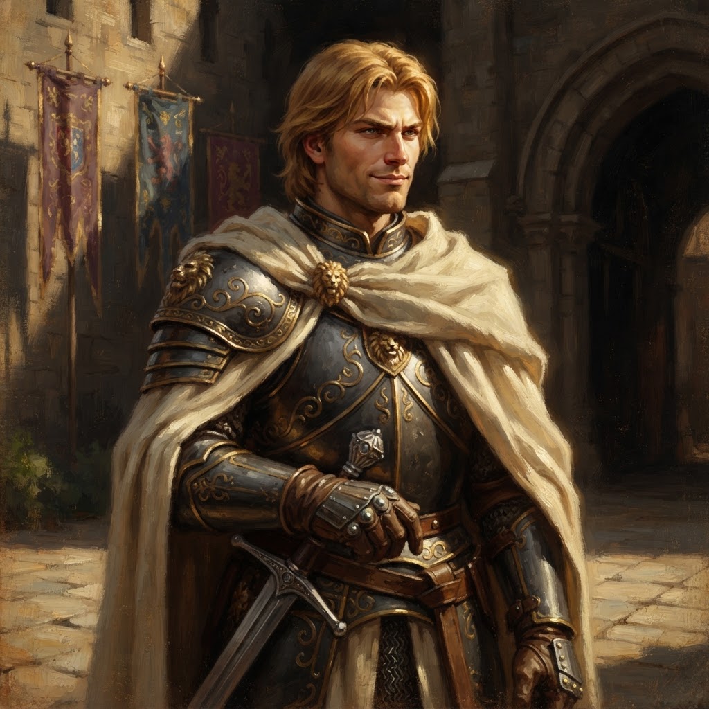 Jaime Lannister in gilded armour and a white cloak