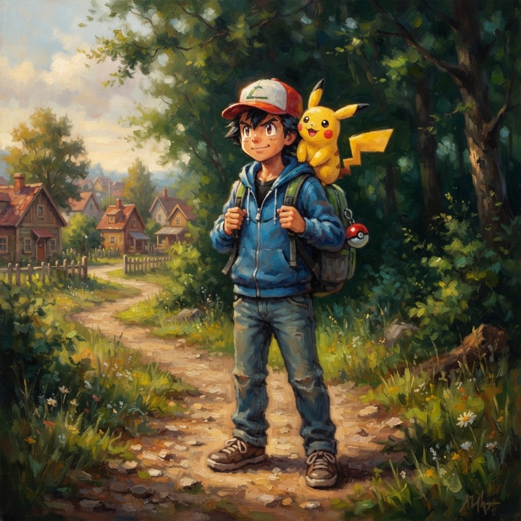 Ash Ketchum in a red-and-white cap with Pikachu on his shoulder on a sunlit route