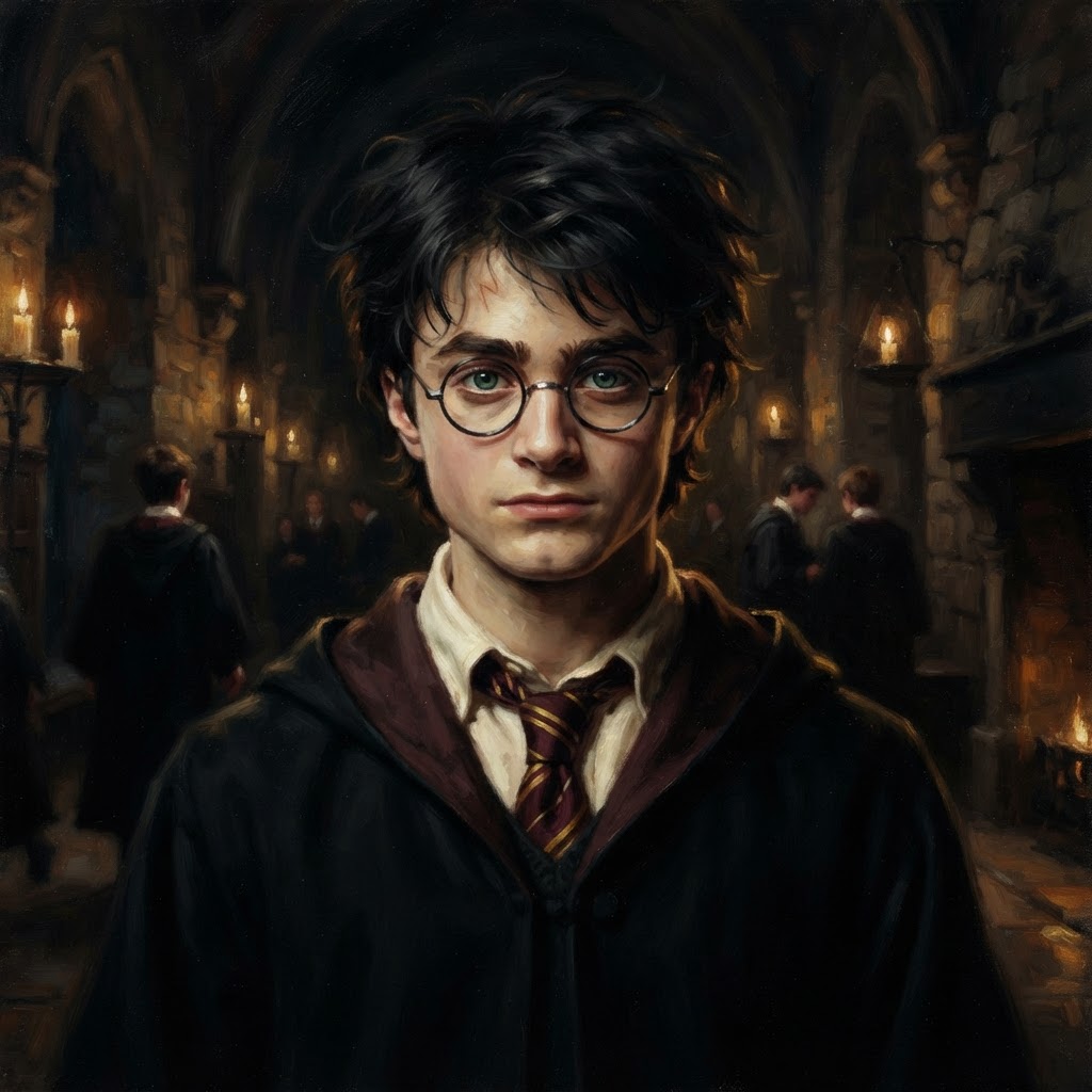 Harry Potter in round glasses and school robes with a lightning scar