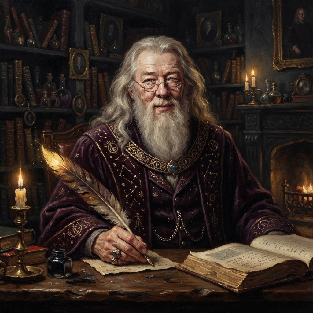 Albus Dumbledore in plum robes with half-moon spectacles, firelight behind him
