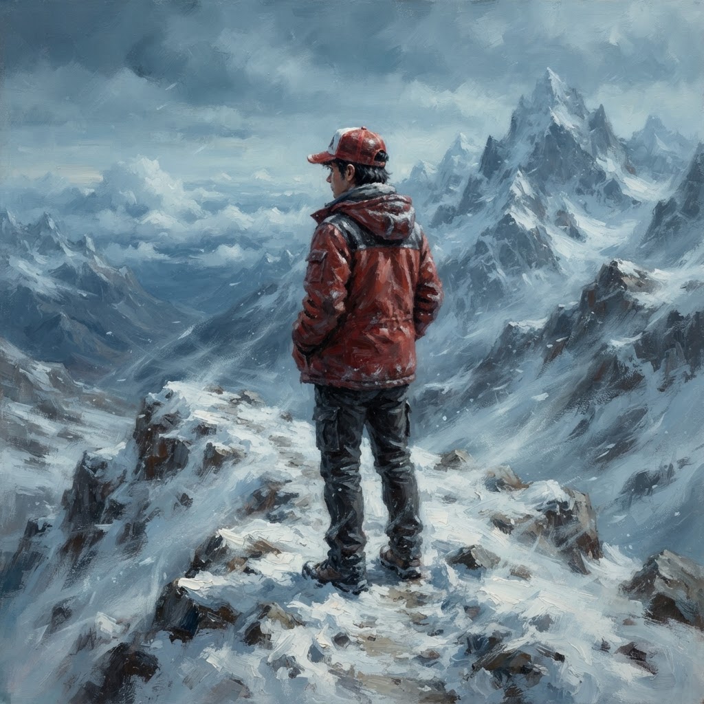 Red in a red jacket and cap on a snowbound mountain summit