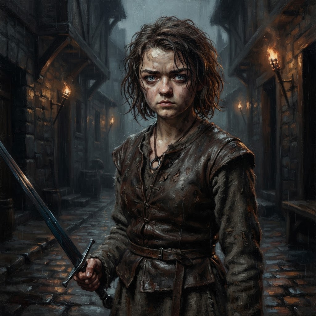 Arya Stark in a worn leather jerkin, holding a thin sword low in the rain