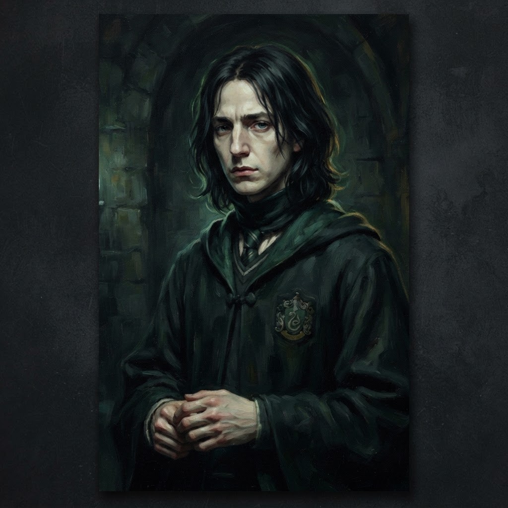 Severus Snape as a guarded schoolboy in green-and-silver robes in a dungeon corridor