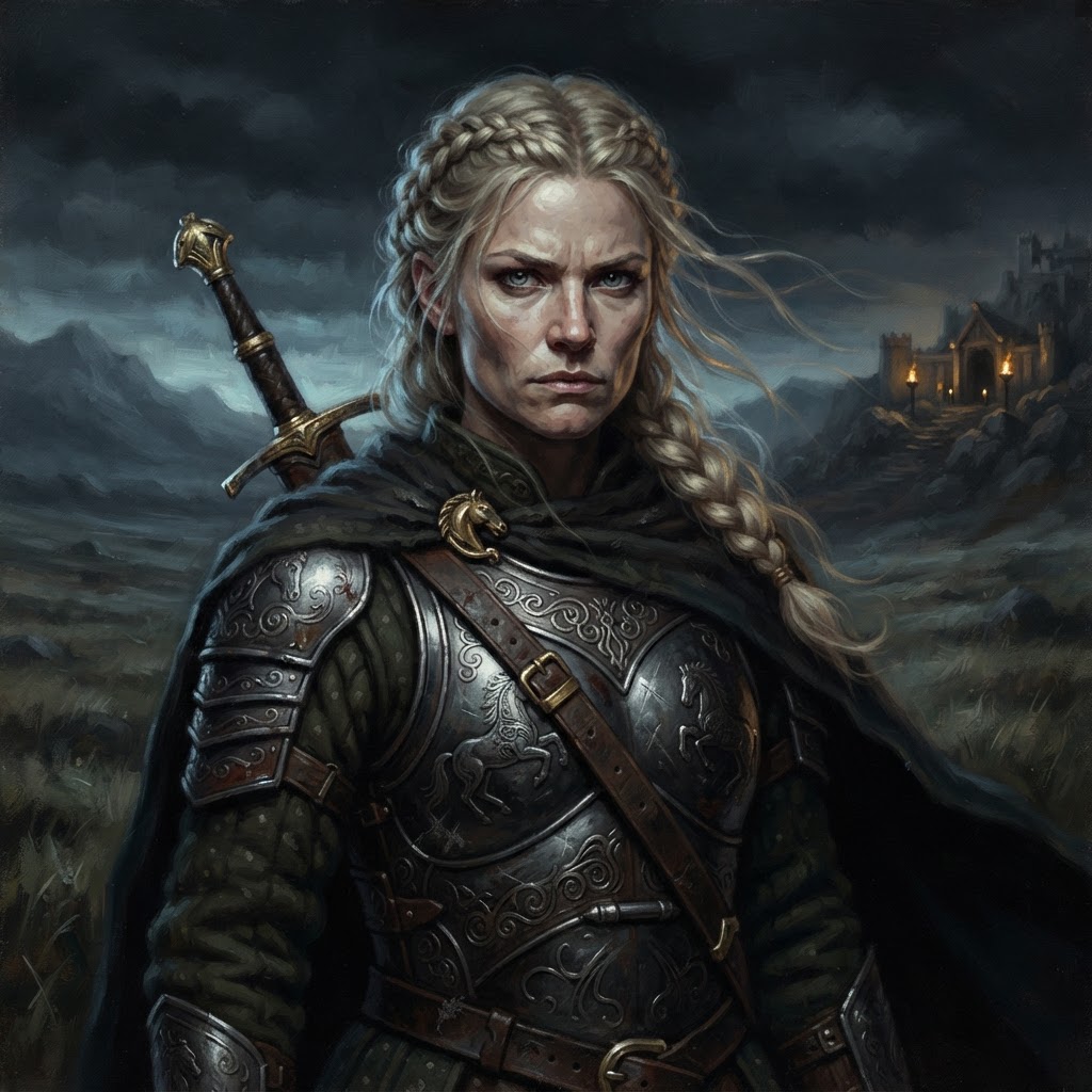 Eowyn in engraved Rohirric armour, windswept grassland behind her