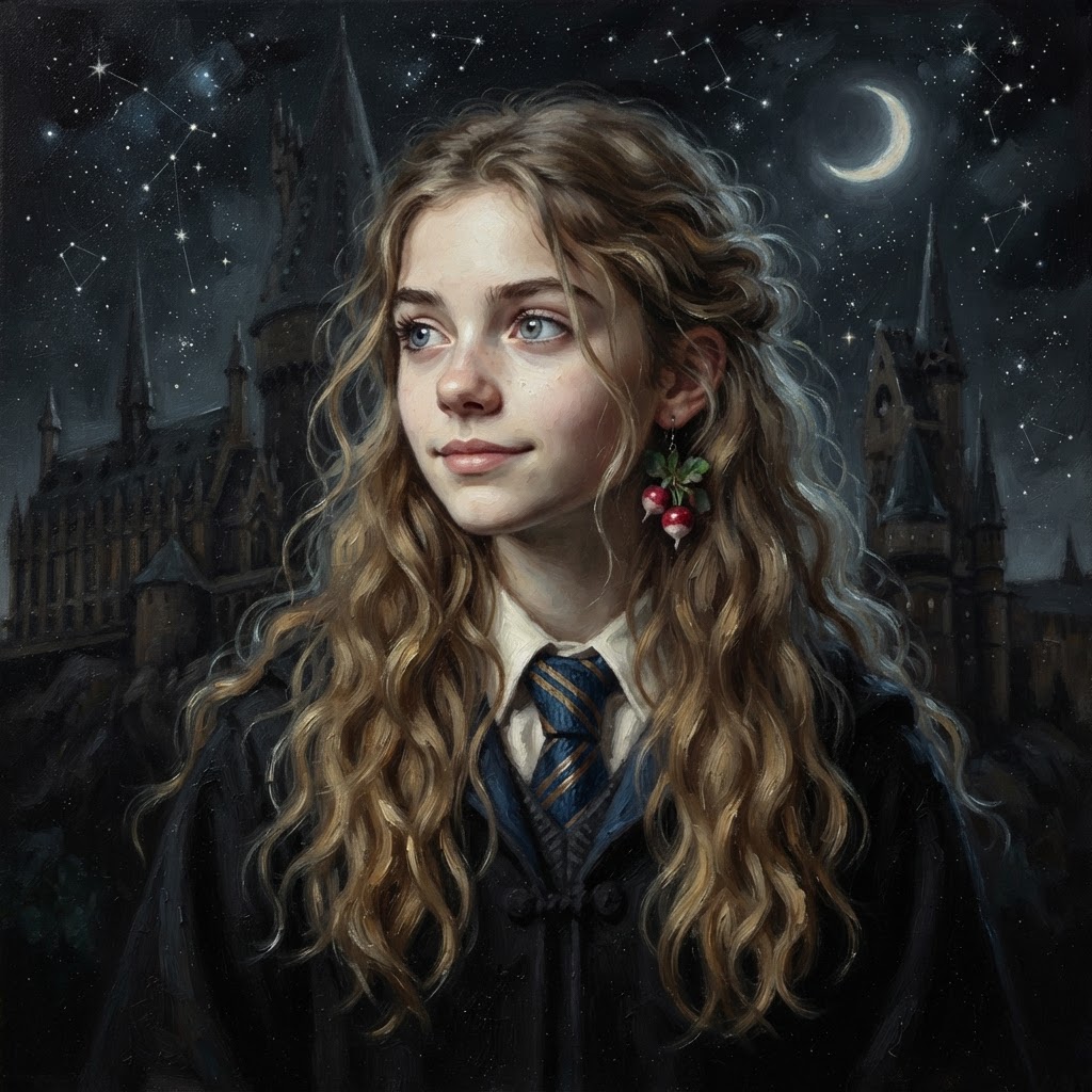 Luna Lovegood with radish earrings and pale eyes under a starry sky