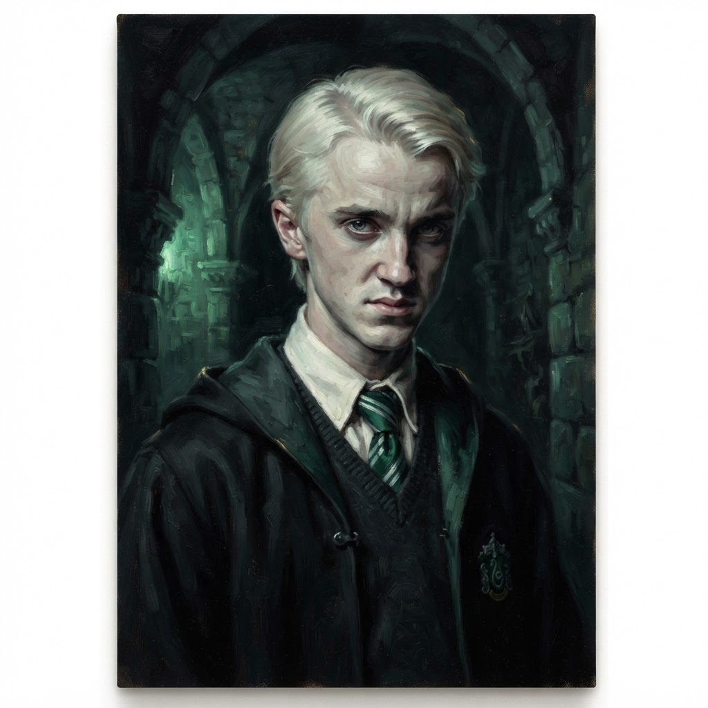 Draco Malfoy with white-blond hair in green-and-silver robes against dungeon stone