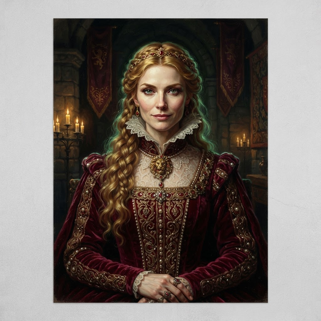 Cersei Lannister in crimson with a jewelled lion brooch, red banners behind