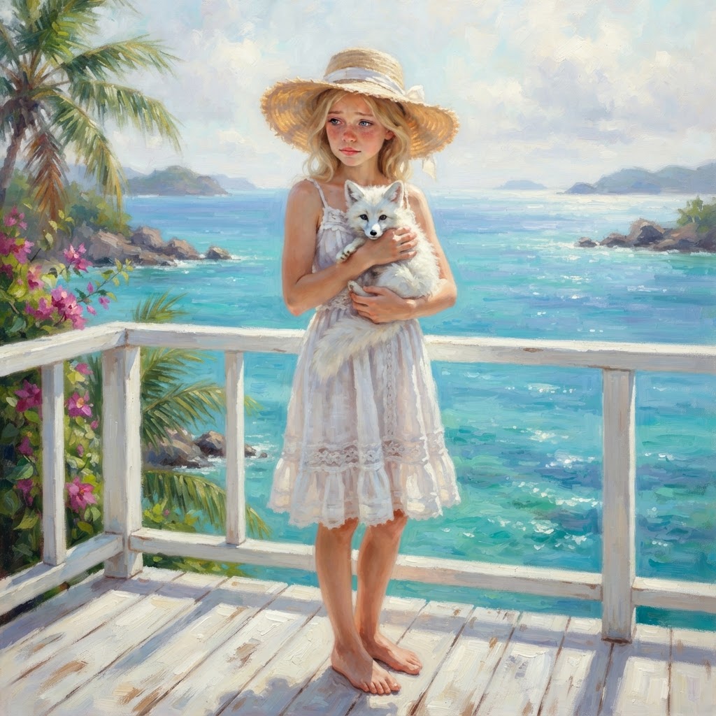 Lillie in a white dress and sun hat on a deck above a tropical sea