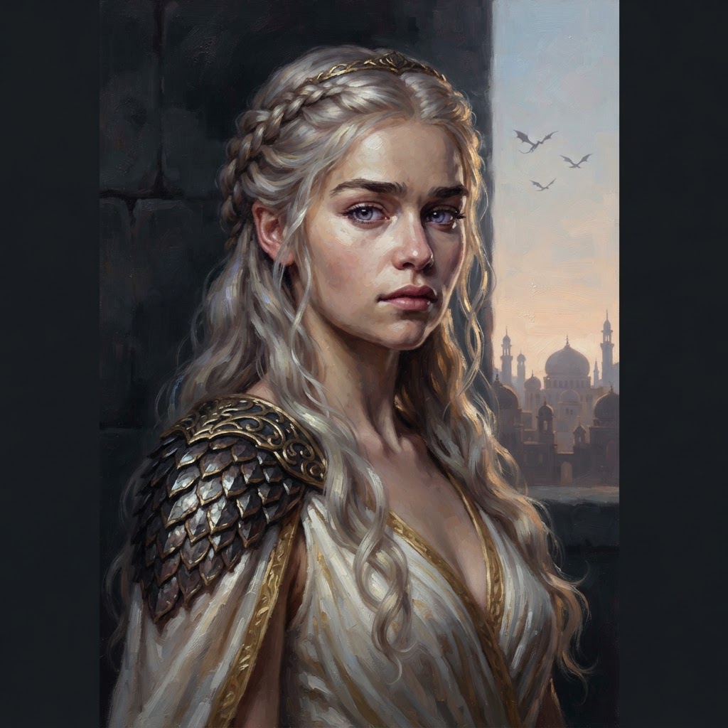 Daenerys Targaryen in white and gold with dragon silhouettes overhead