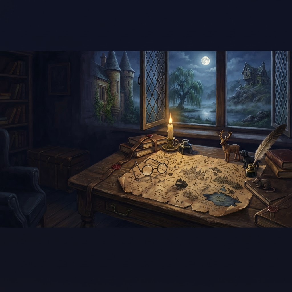 A candlelit school desk with a parchment map and animal carvings, overlooking a moonlit willow and distant shack