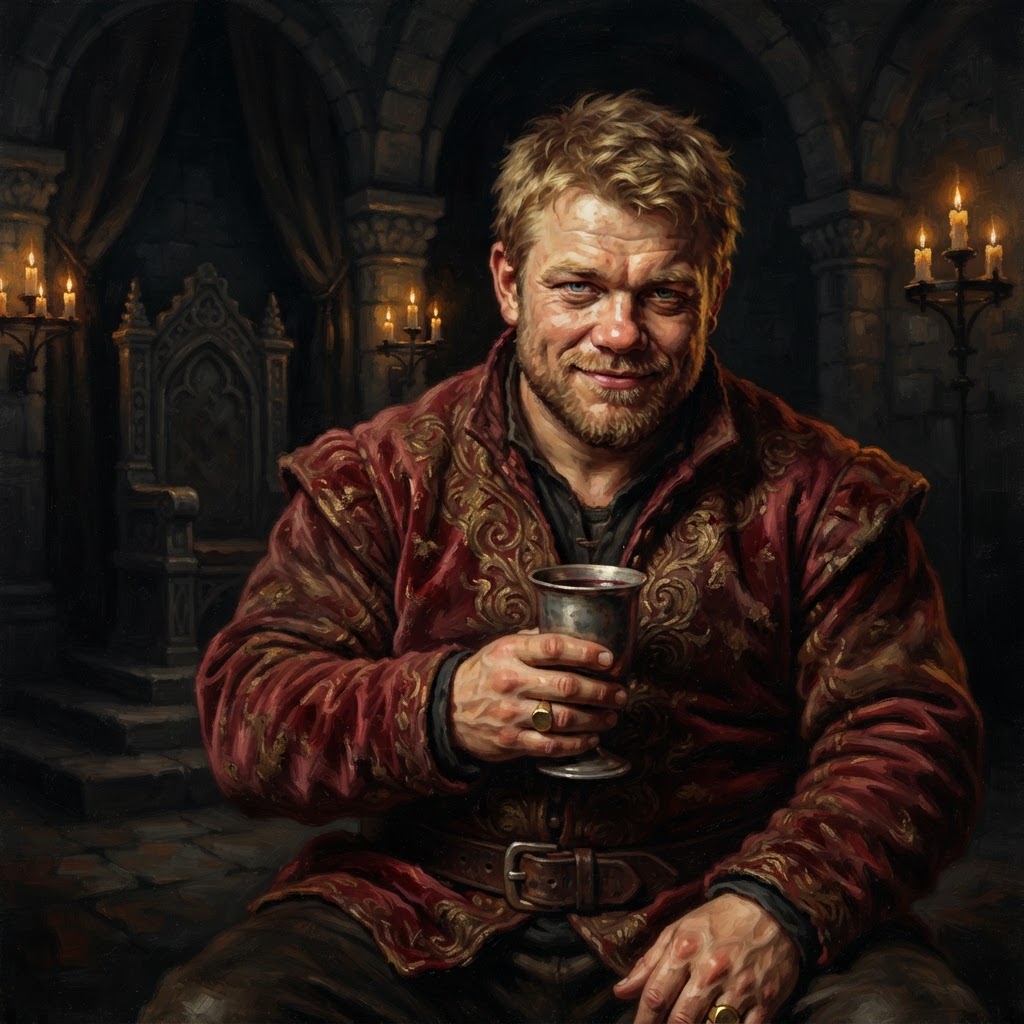 Tyrion Lannister in a crimson doublet with a cup of wine