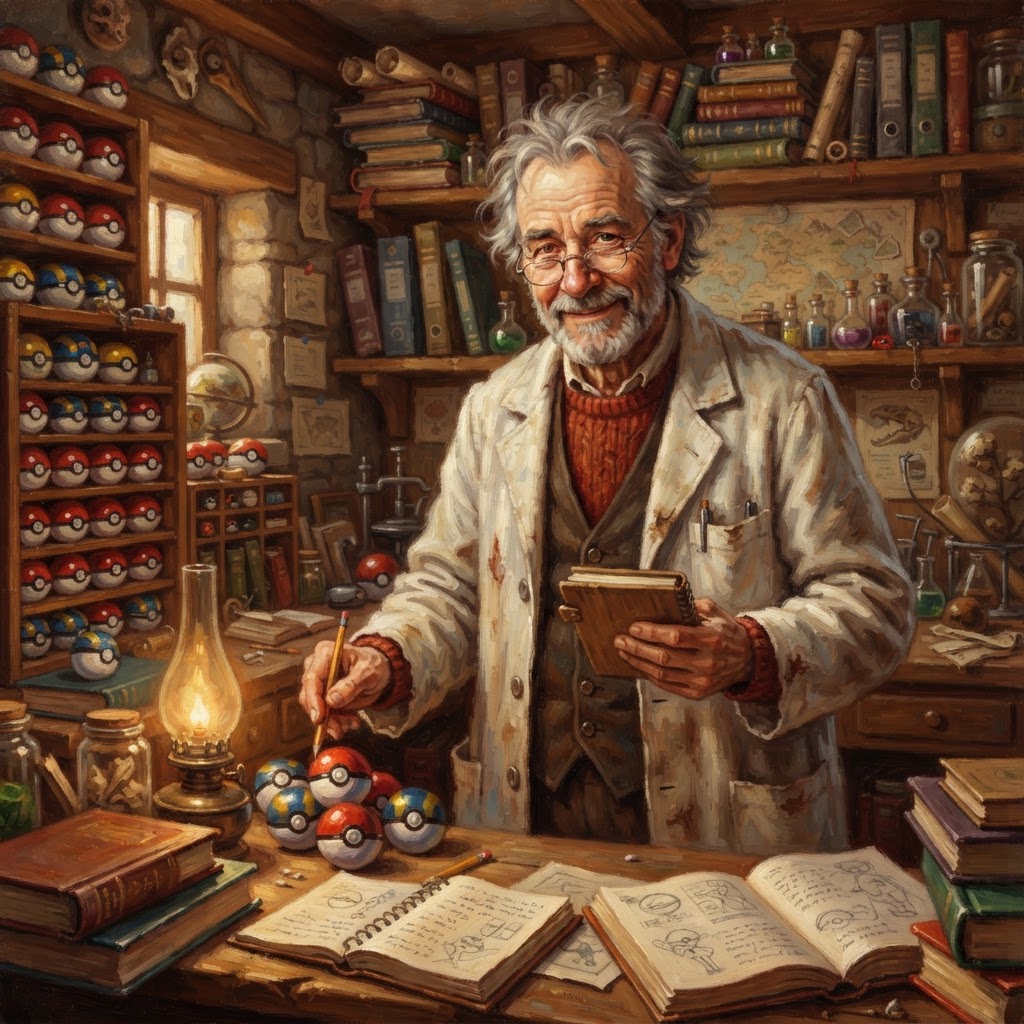 Professor Oak in his lab coat among capture balls and stacked books