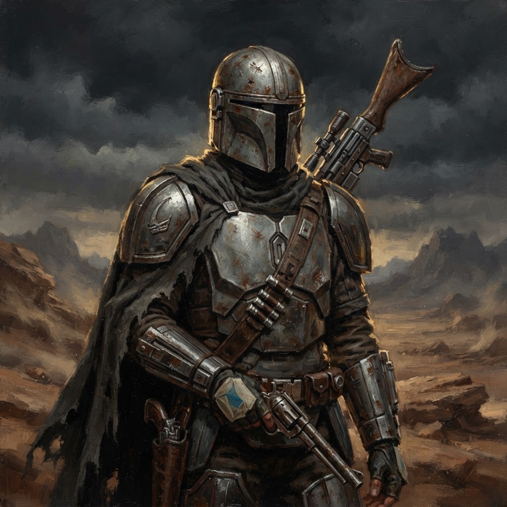 An armoured gunslinger in a steel helm and tattered cloak on a desert plateau