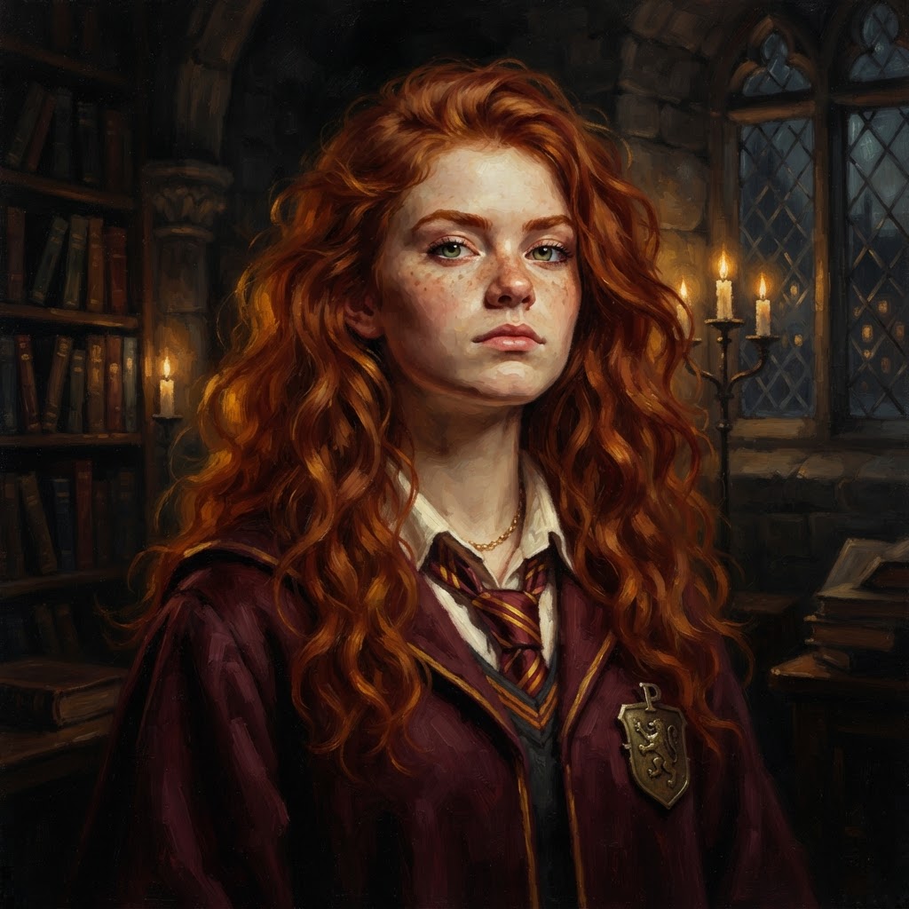 Lily Evans with auburn hair and a prefect badge, candlelit library behind her