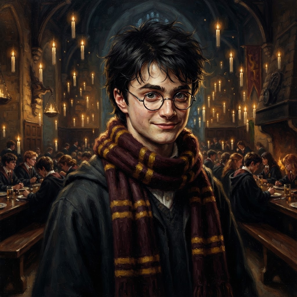 James Potter in round glasses and a burgundy-and-gold scarf, candlelit hall behind him