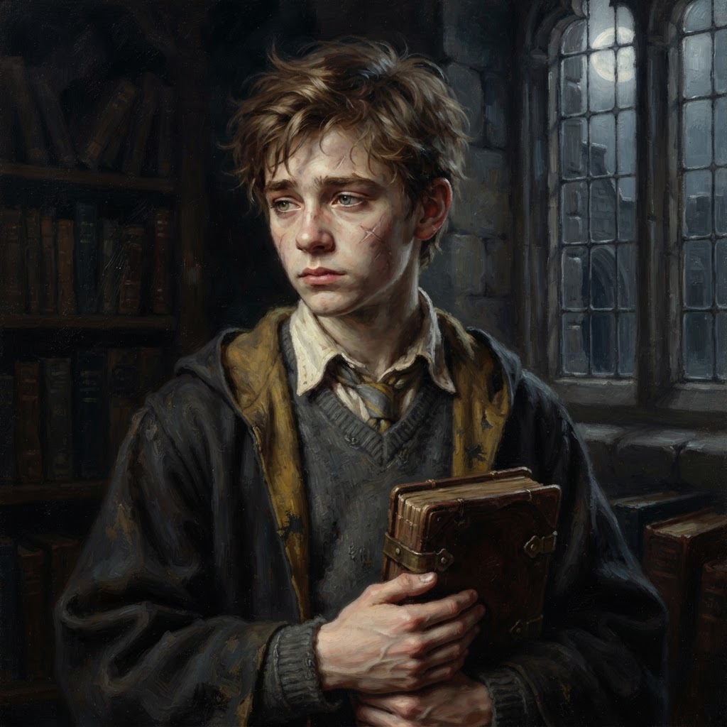Remus Lupin with a book and a mended jumper in soft grey window light