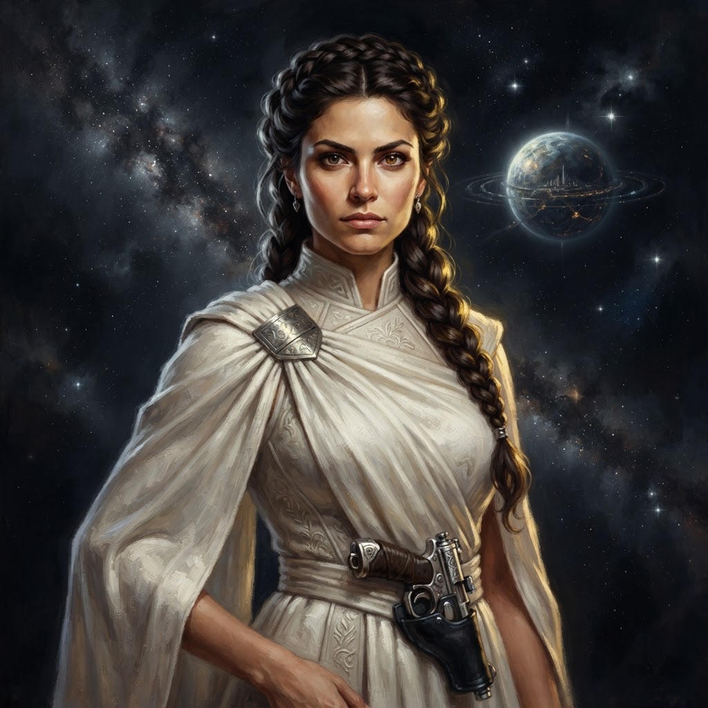 Leia Organa in a white draped gown against a starfield