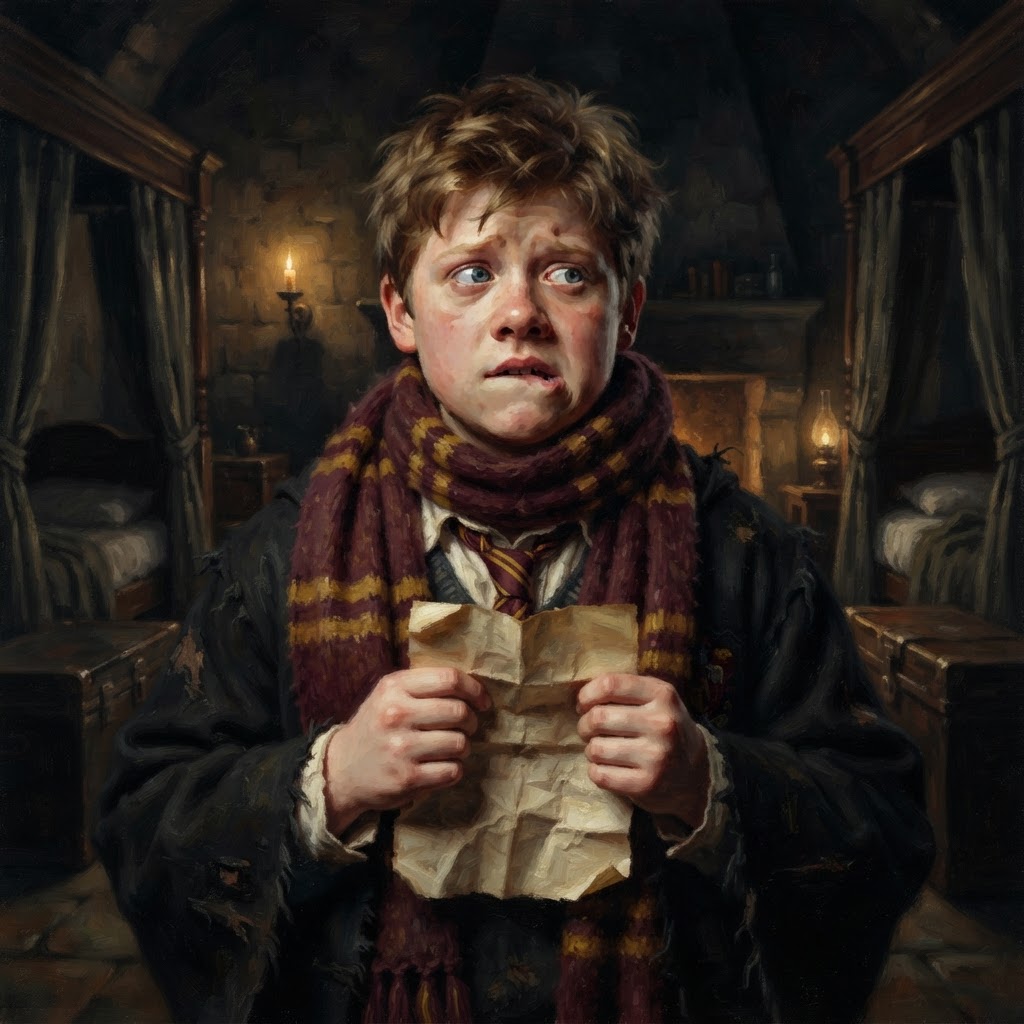 Peter Pettigrew clutching a crumpled parchment in a dim dormitory