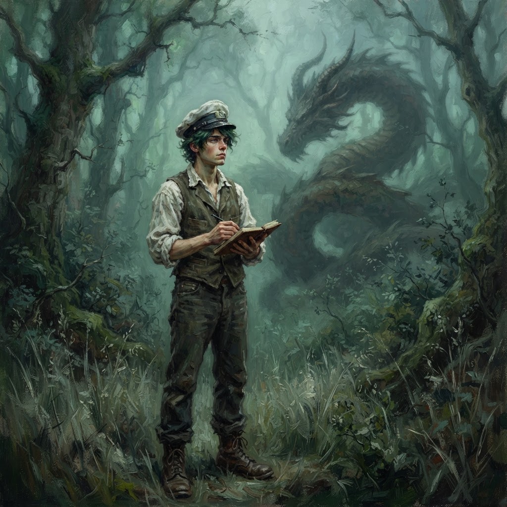 N in a white shirt and cap at the edge of a misty forest