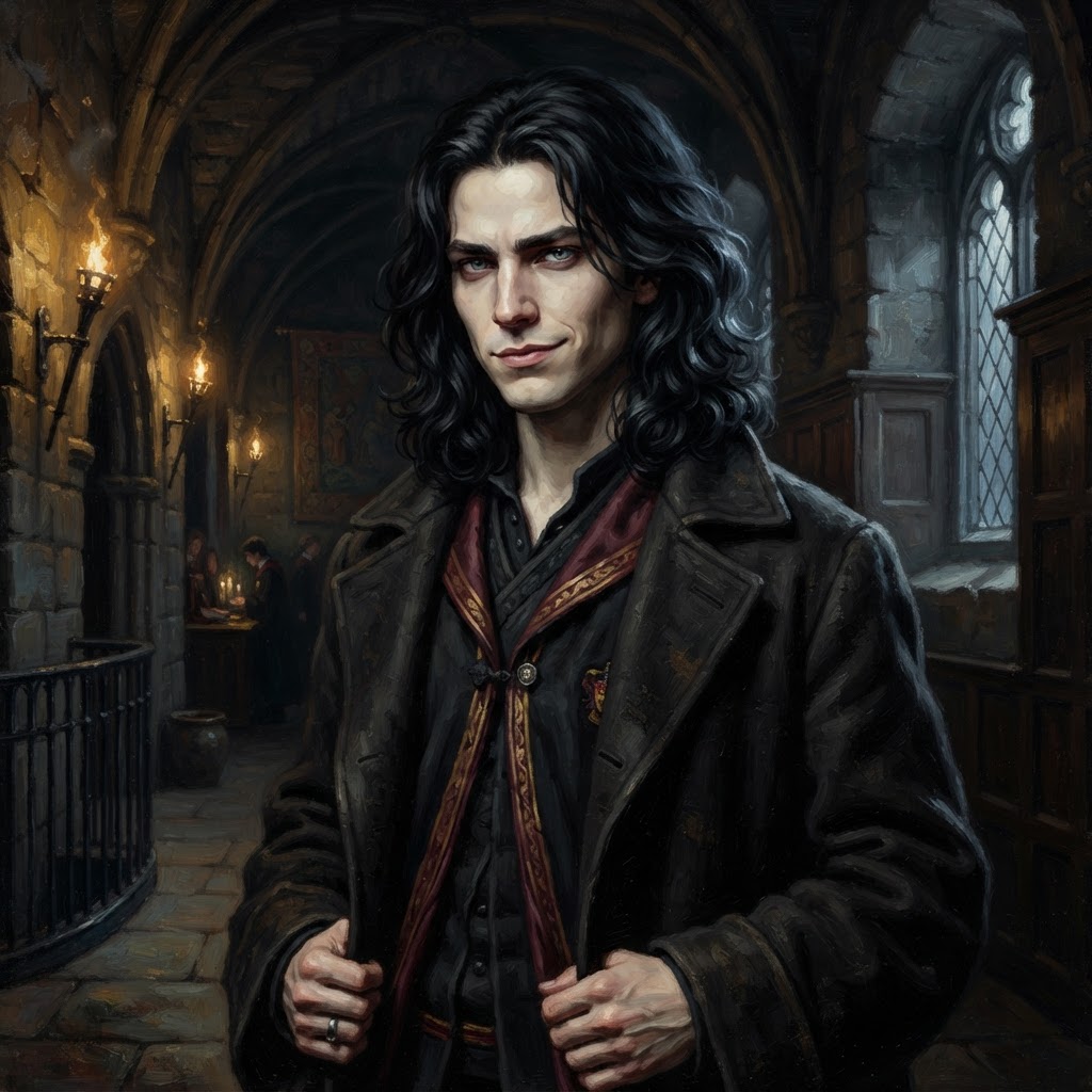 Sirius Black in a black travelling coat, long dark hair and a smirk in a stone corridor
