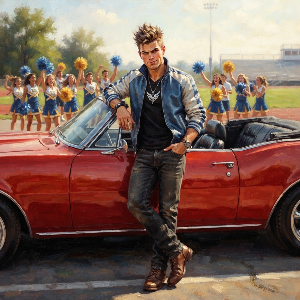 Gary Oak leaning on a red convertible with his cheer squad behind him