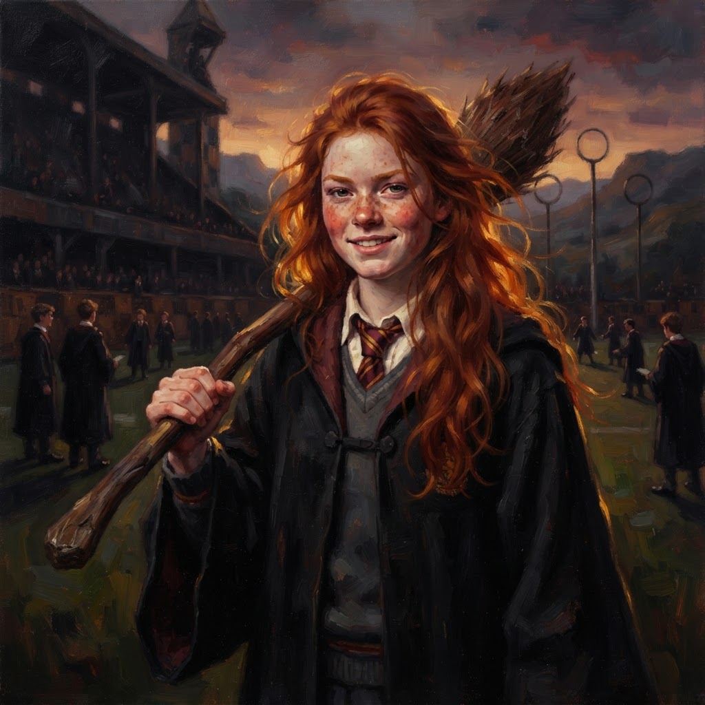 Ginny Weasley with a broomstick over her shoulder on a sunset Quidditch pitch