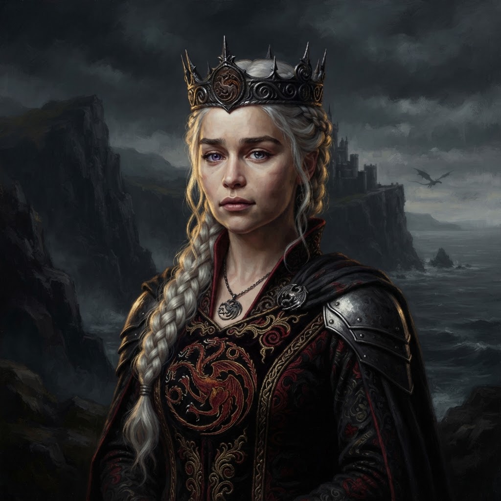 Rhaenyra Targaryen in black and red with a dark iron crown