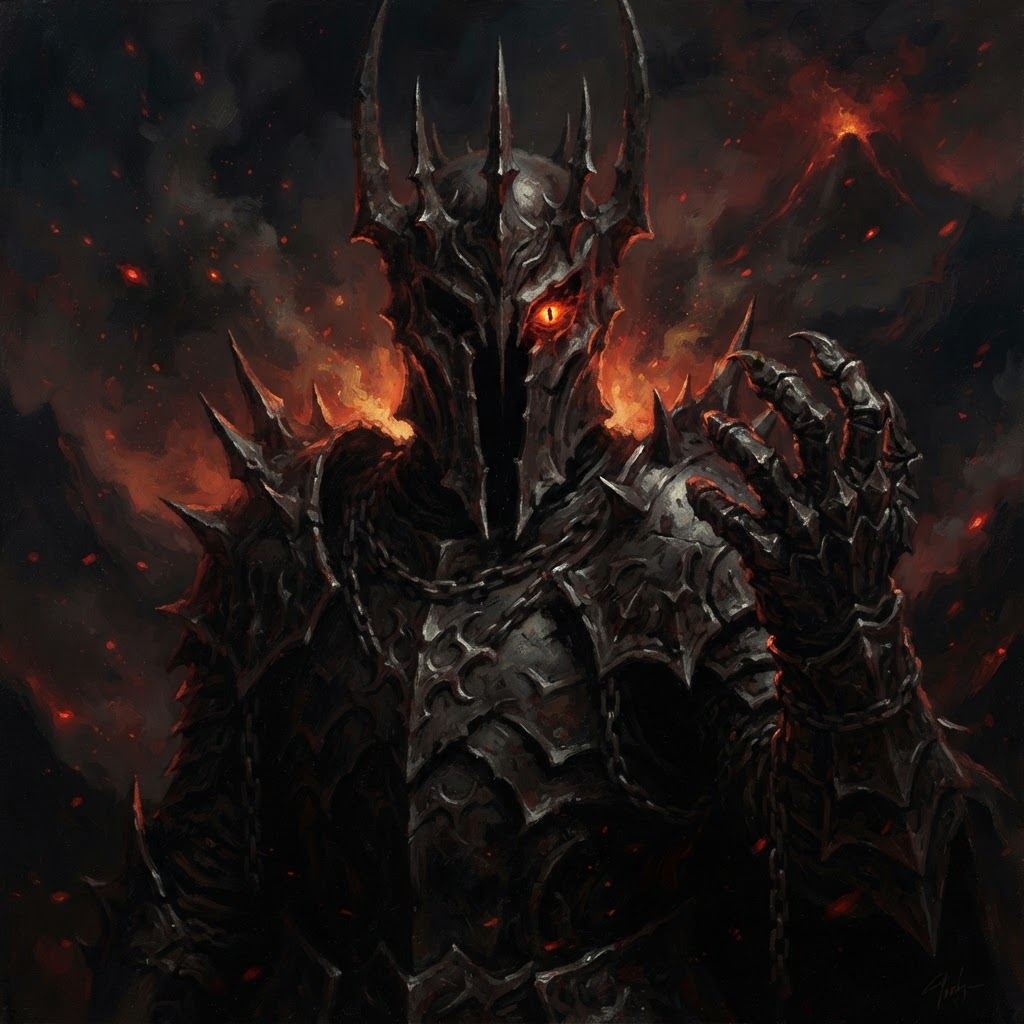 A shadowed dark lord in jagged black armour and a horned iron crown