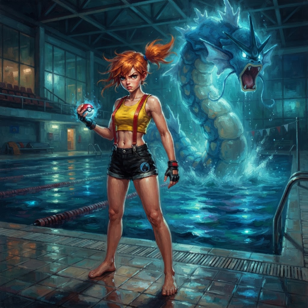 Misty at the edge of a pool with a Gyarados rising behind her