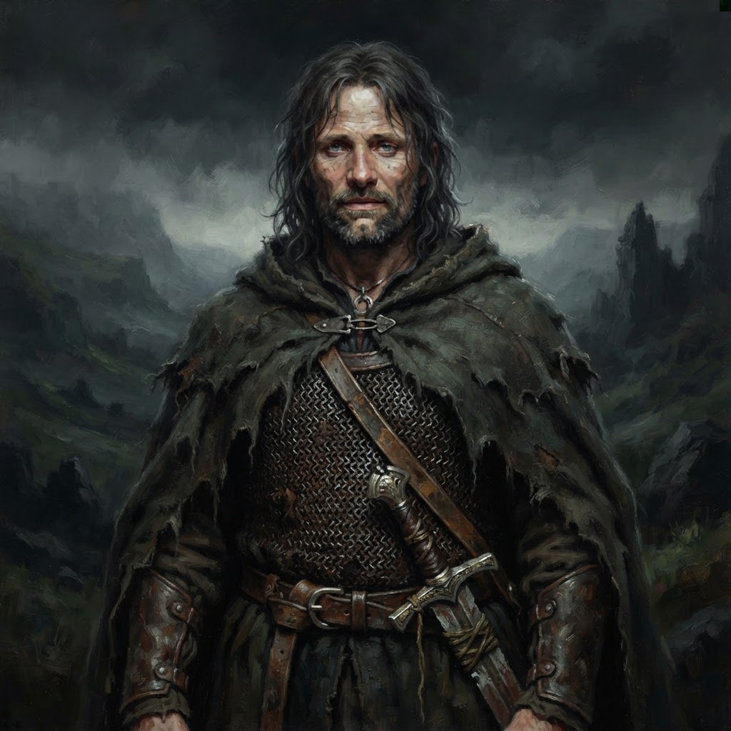 Aragorn in a weathered grey cloak with a broken sword hilt at his belt