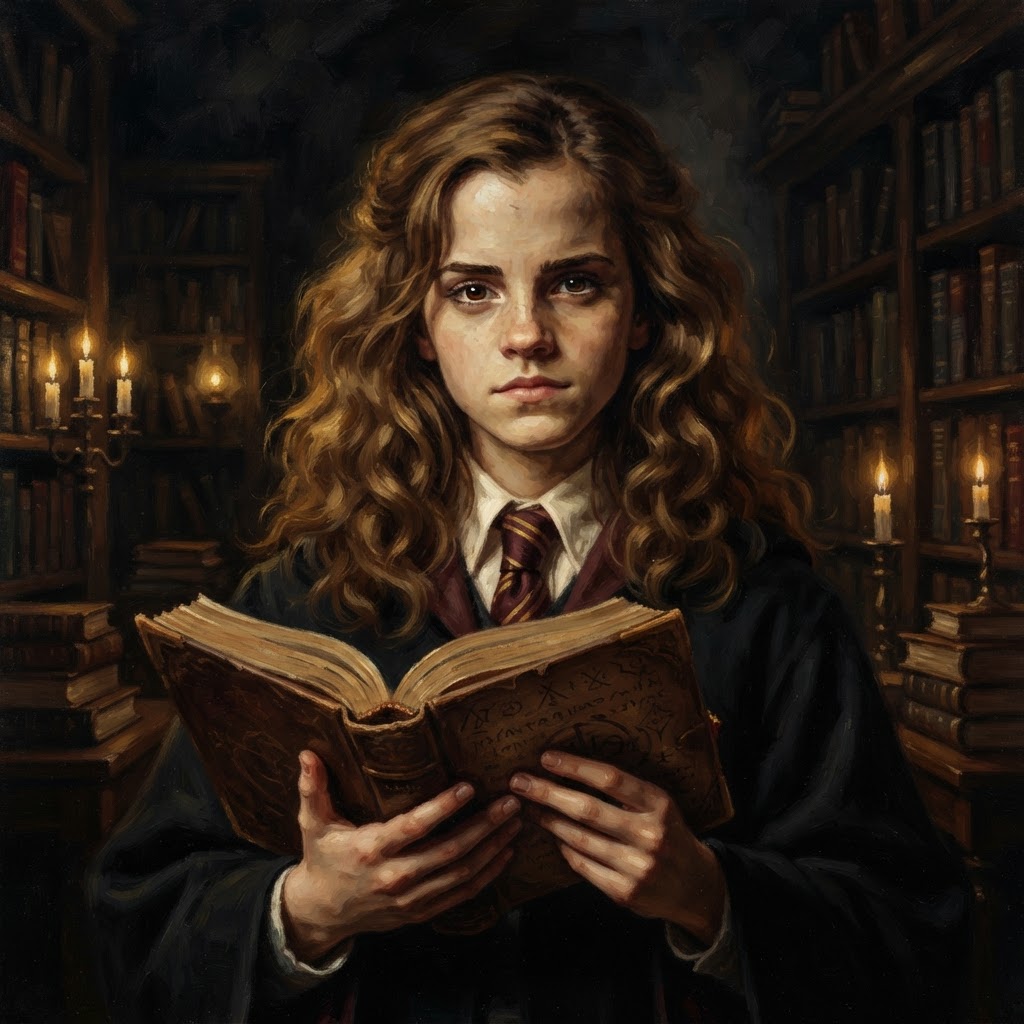 Hermione Granger holding an open book in warm library candlelight