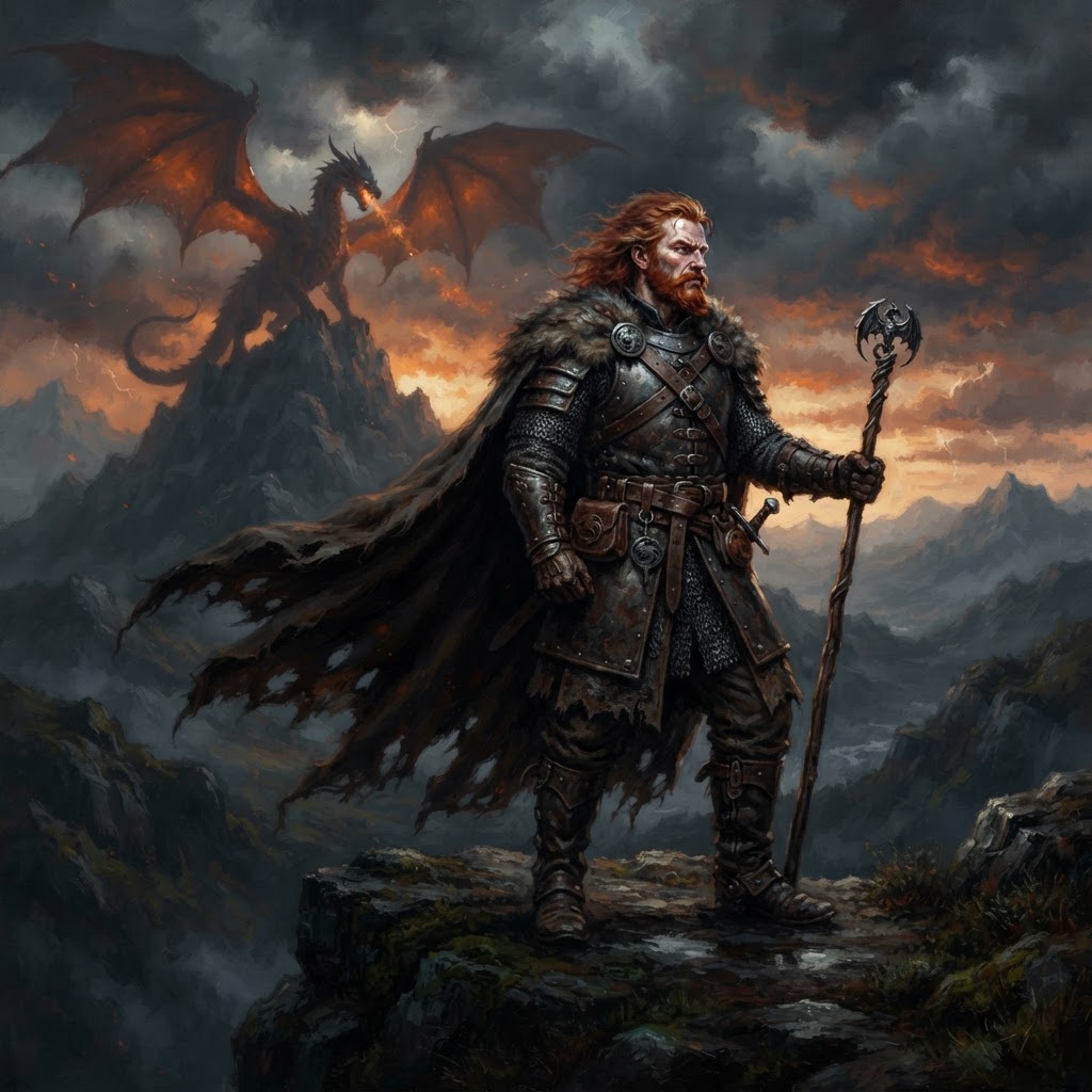 Lance in a dark cape on a cliff with a dragon against storm-lit clouds