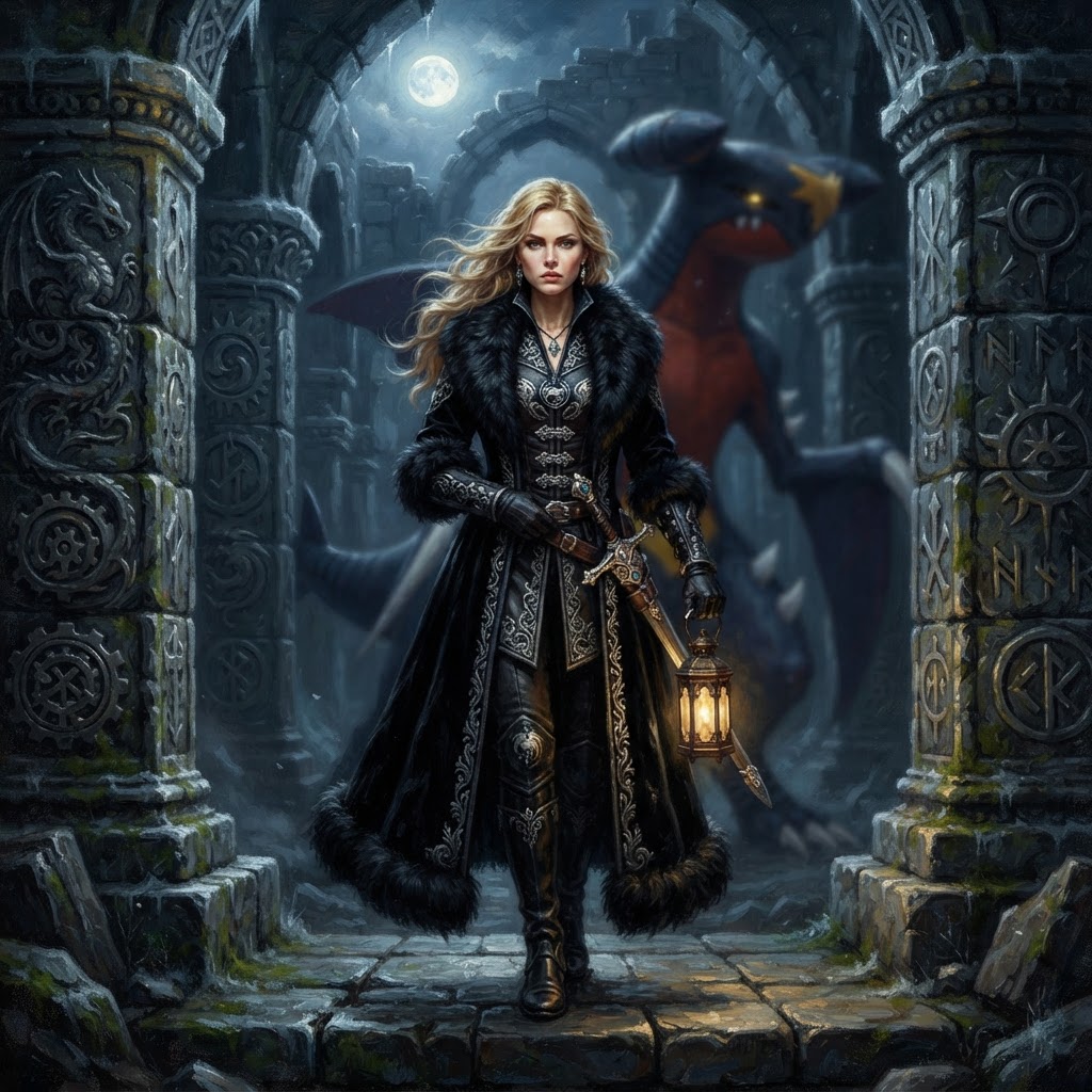 Cynthia in a black fur-trimmed coat among carved Sinnoh ruins
