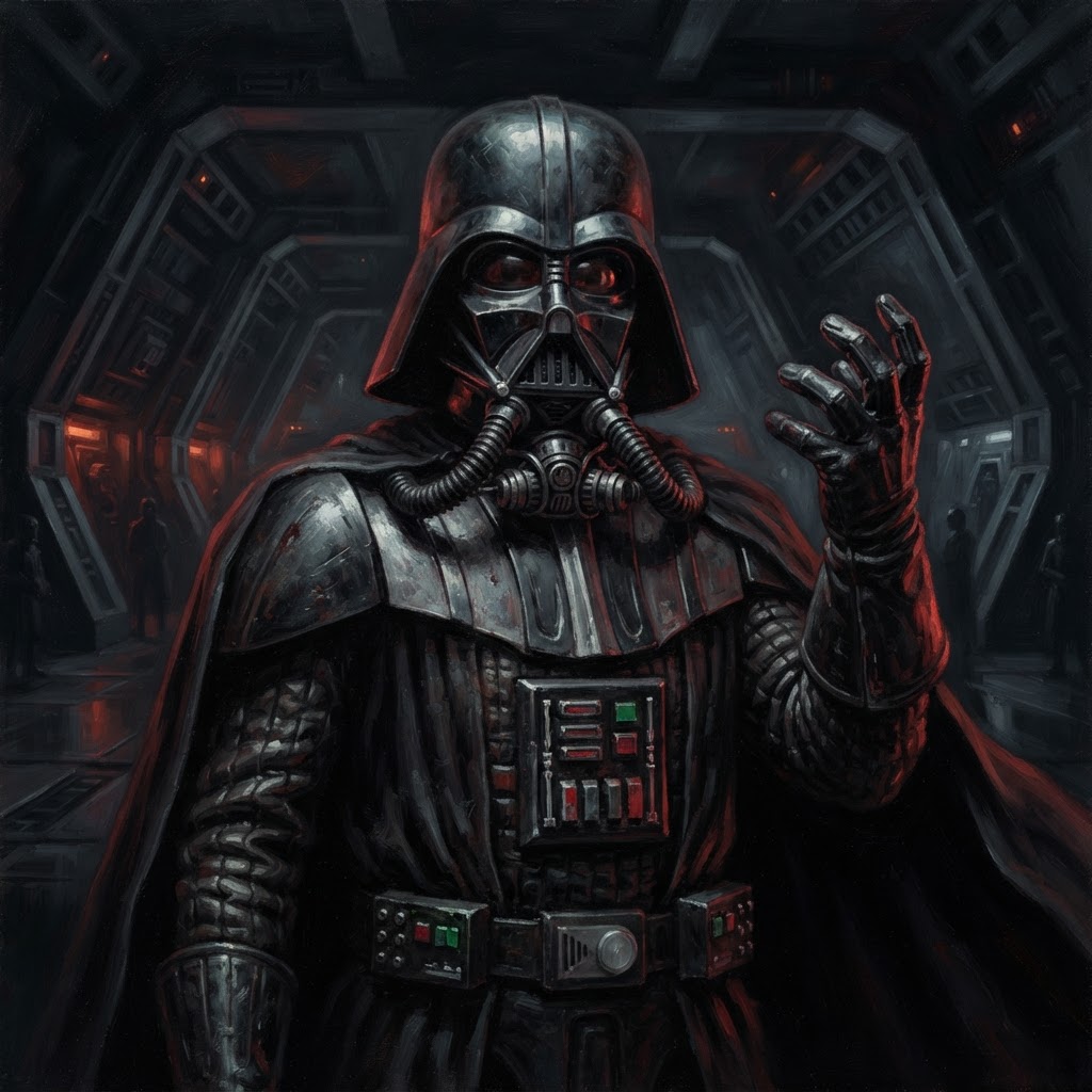 A dark-armoured figure in a black helmet and cape, one gloved hand raised