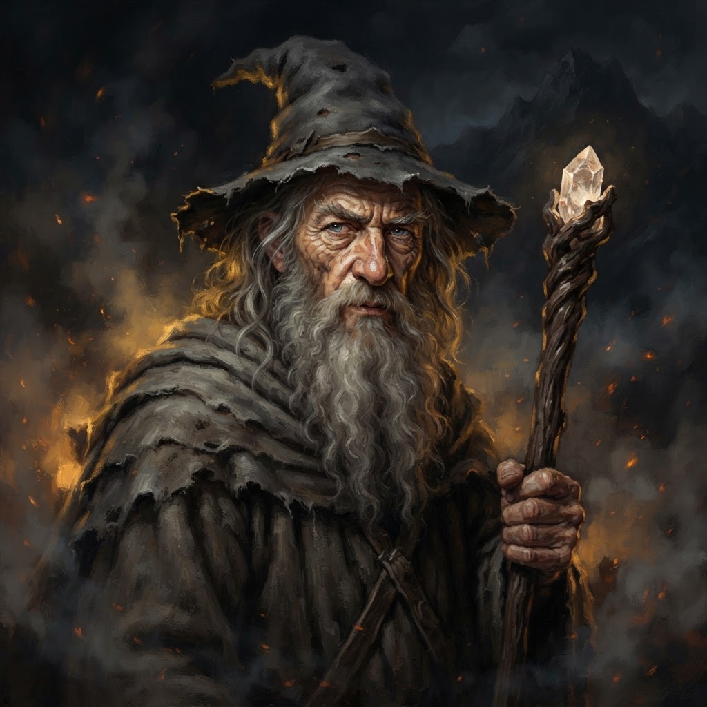 Gandalf the Grey with a staff and battered hat, embers in the air