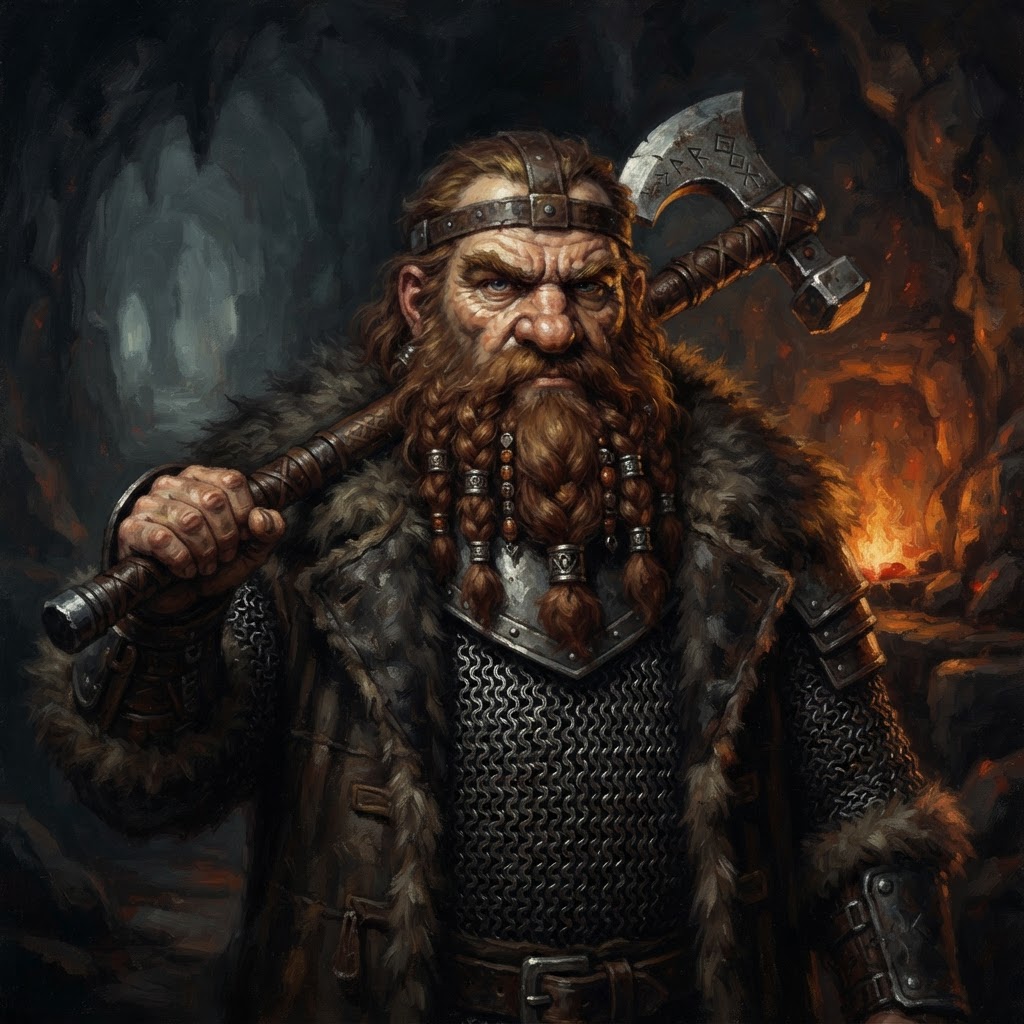 Gimli with a braided red-brown beard and an axe across his shoulder