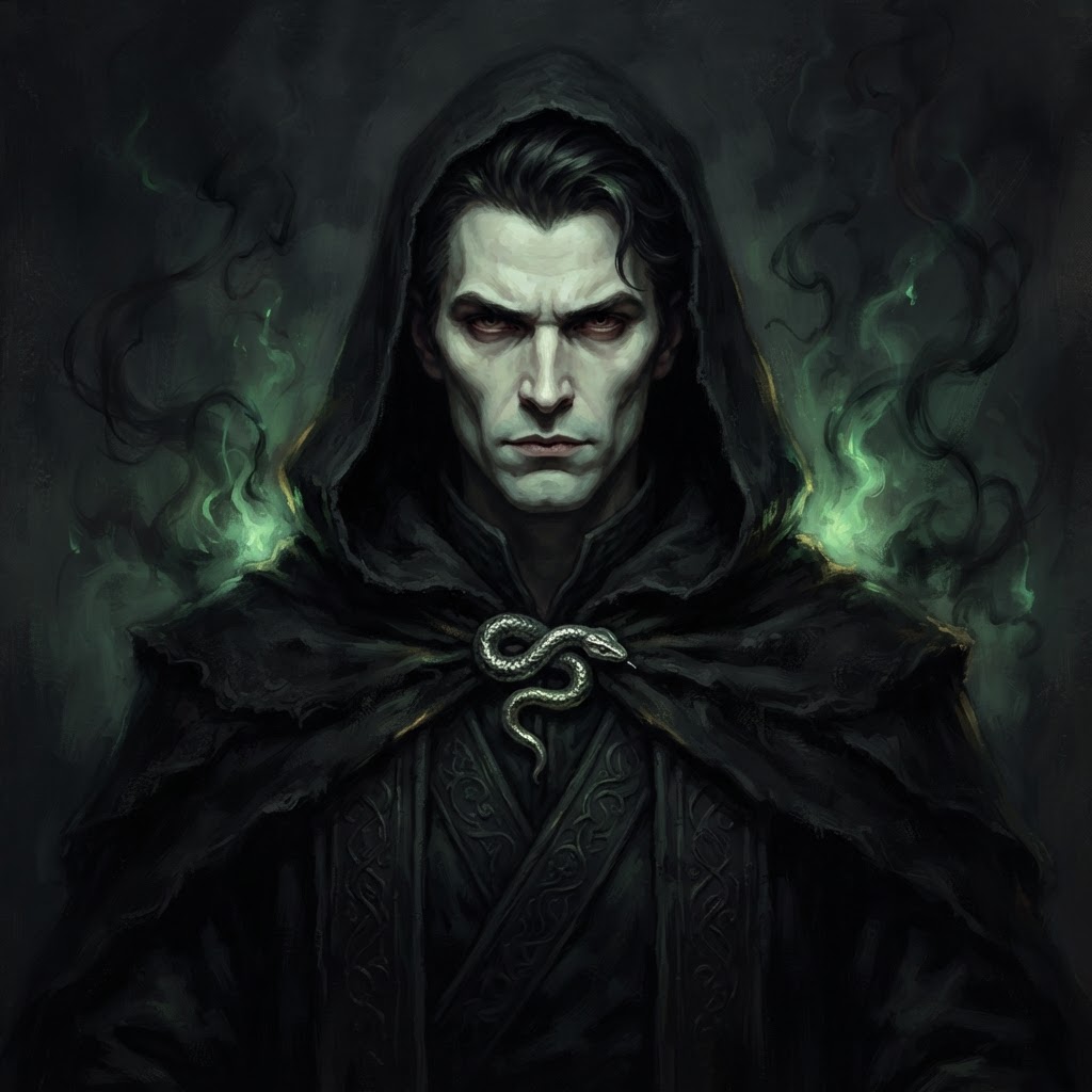 A hooded dark wizard in black robes with a silver serpent clasp, green spell-light behind him