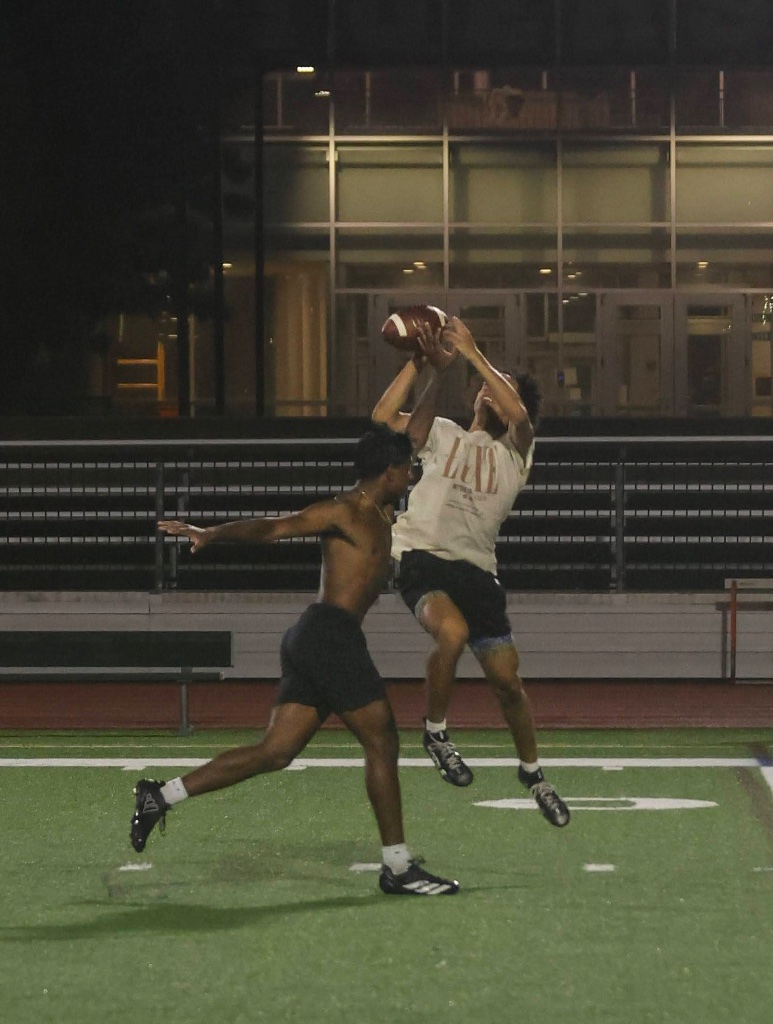 Athlete mid-air catching a football under stadium lights