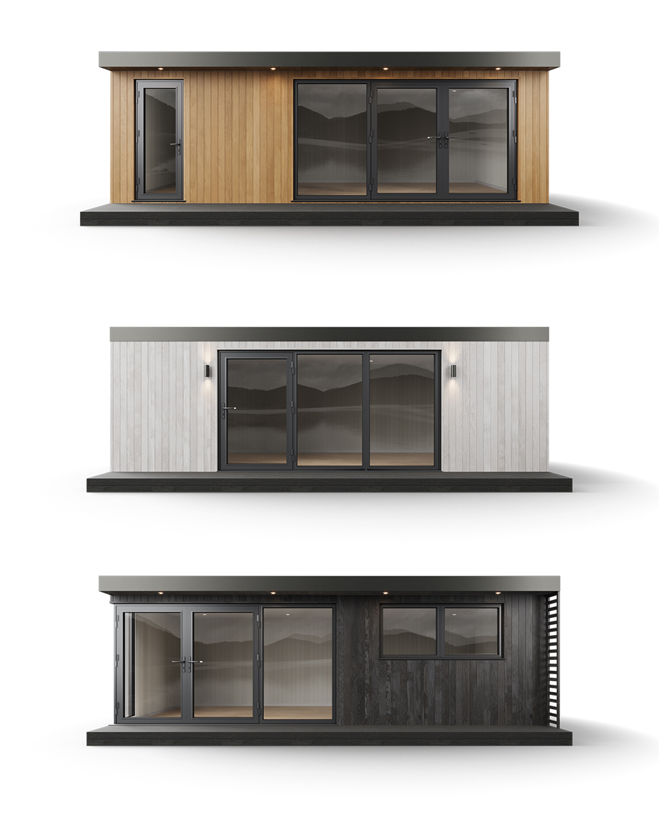 Three garden room product renders showing cedar, light-stained and charred-wood finishes on a neutral studio background