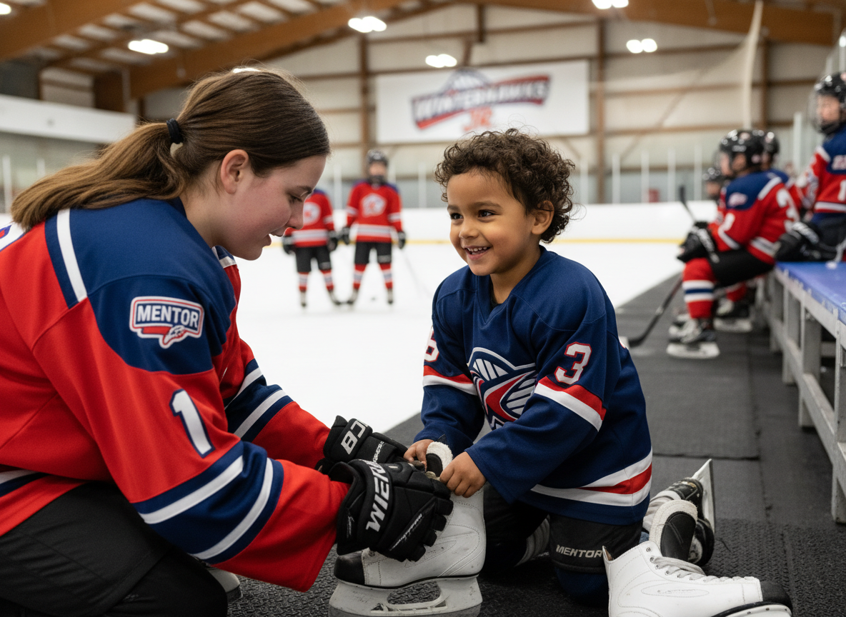 A young child putting on hockey skates with the help of a student mentor