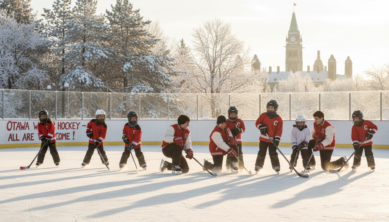 Children playing hockey together in Ottawa
