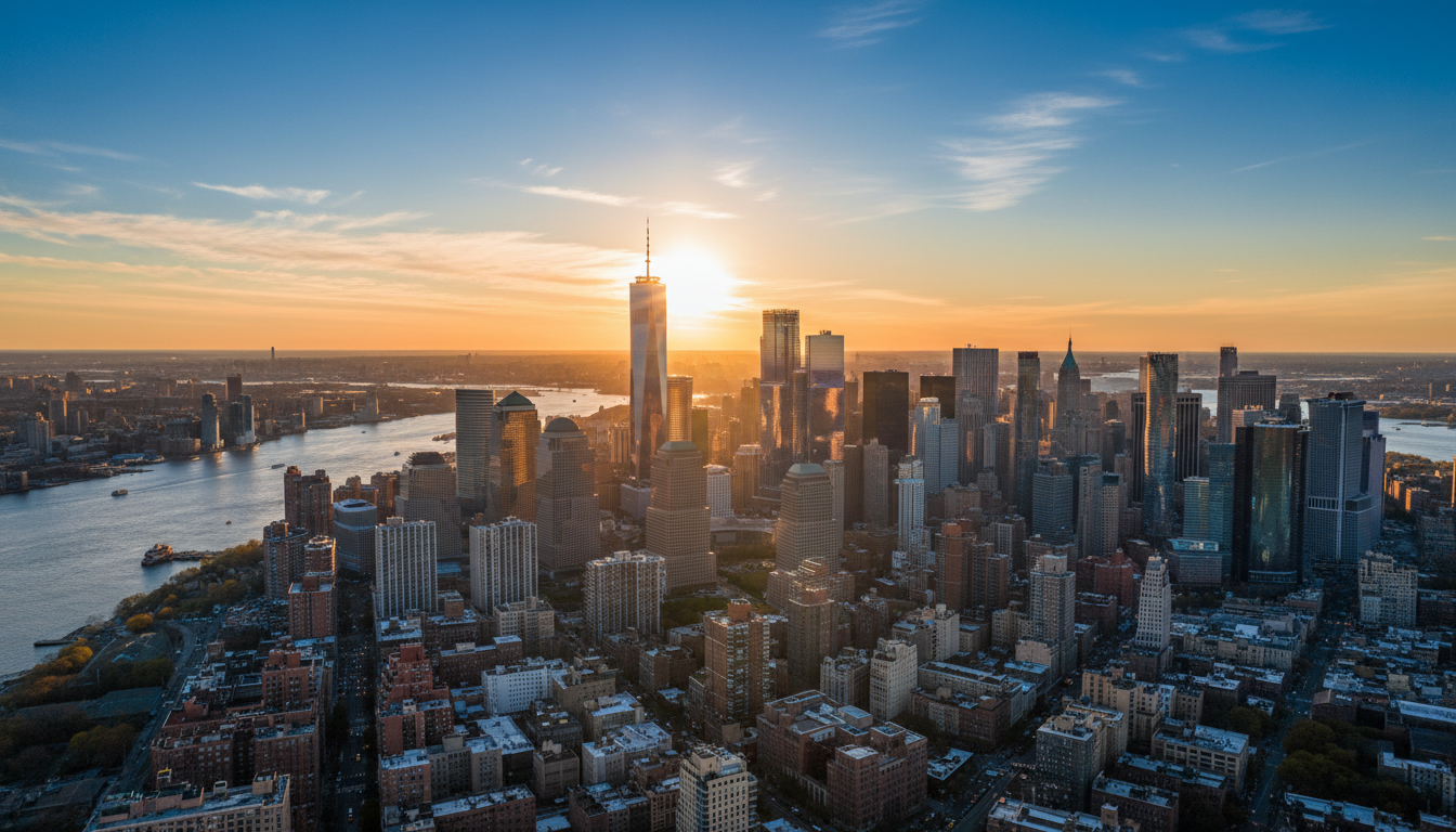 New York City skyline at golden hour