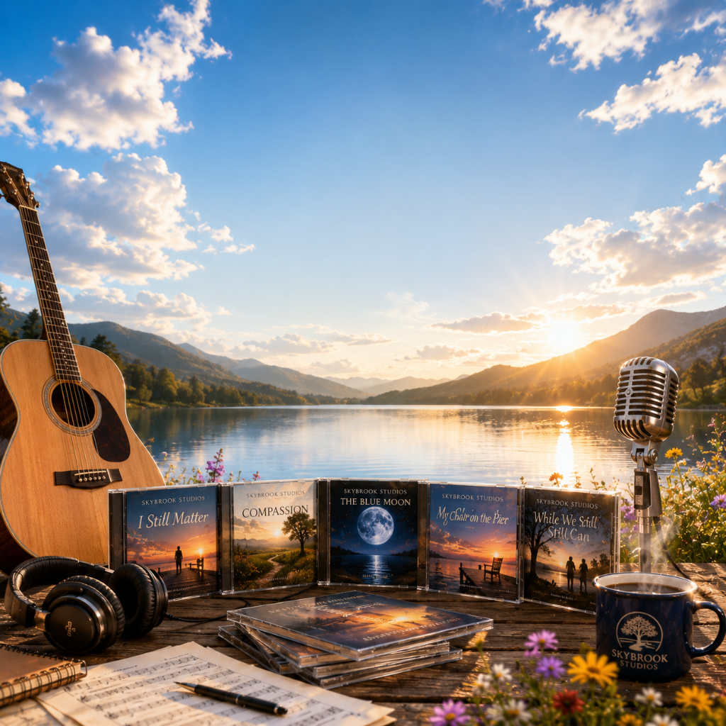 Skybrook Studios - guitar, CDs, and microphone by a mountain lake at sunset