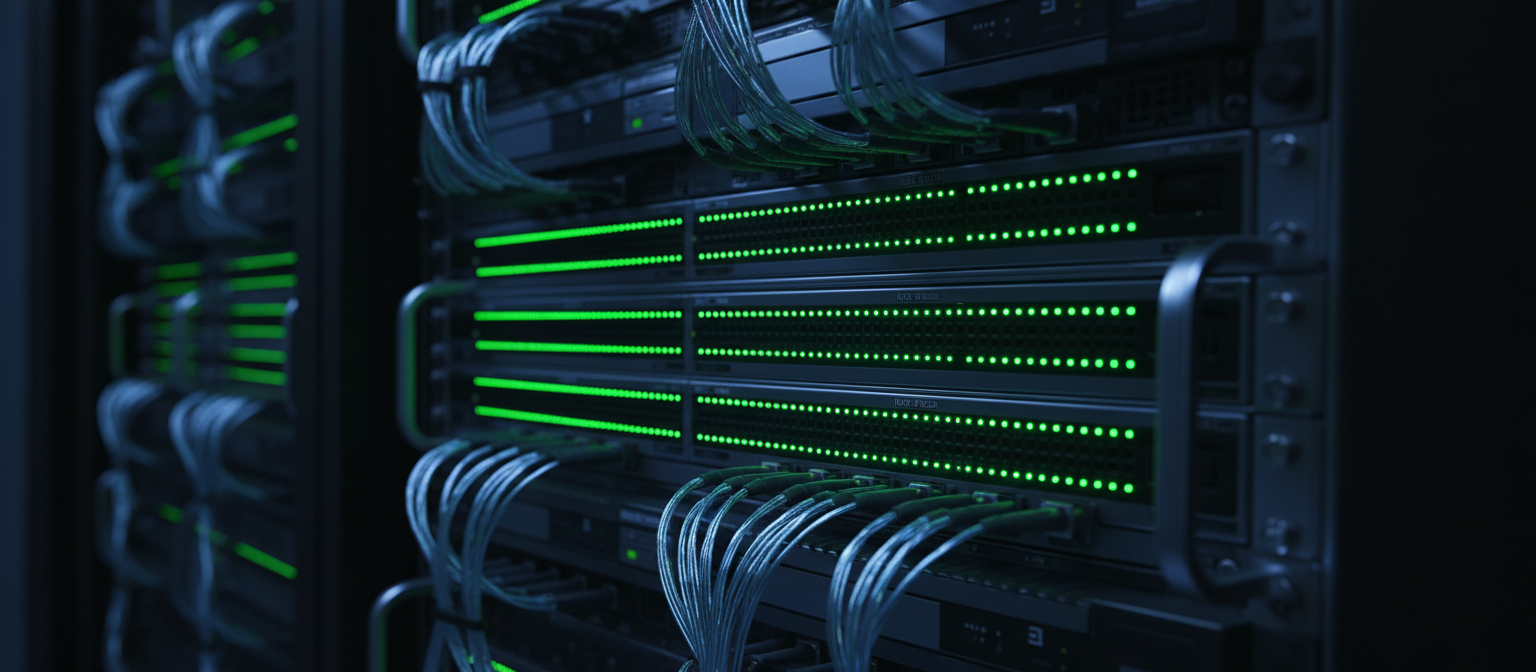 High-end data center infrastructure with glowing green status lights
